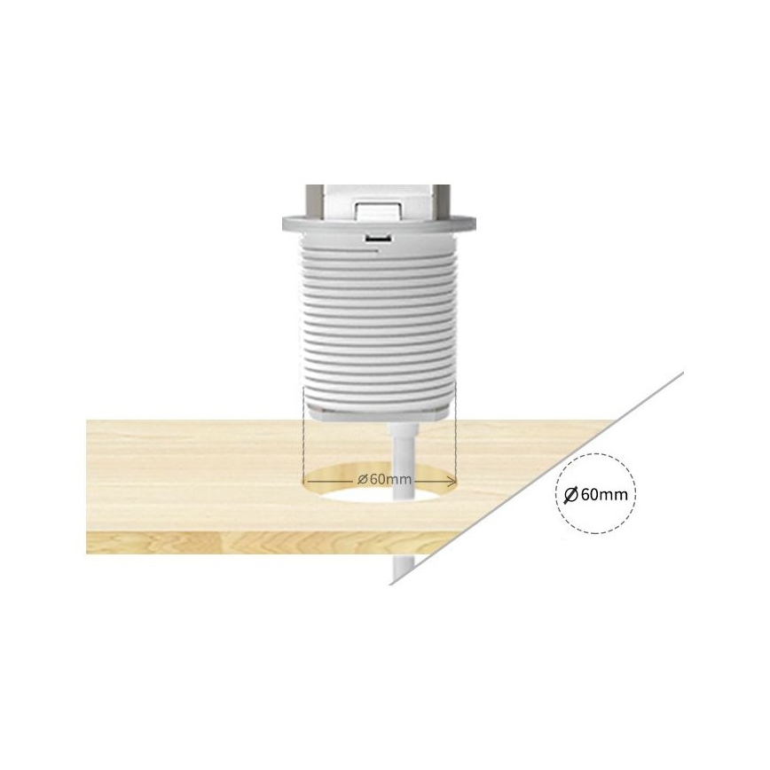 Steckdosensäule zur Montage in der Tischplatte, 2×230 V + USB‑A + USB‑C