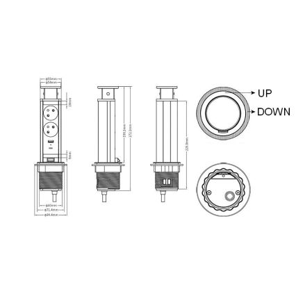 Steckdosensäule zur Montage in der Tischplatte, 2×230 V + USB‑A + USB‑C