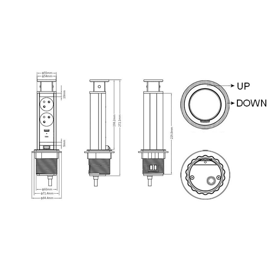 Steckdosensäule zur Montage in der Tischplatte, 2×230 V + USB‑A + USB‑C