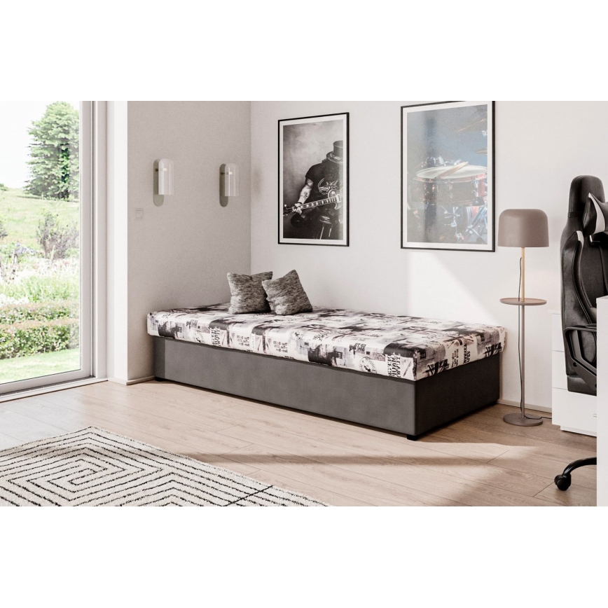 Tagesbett NOE 90x200 mit Federkernmatratze und Stauraum, grau/schwarz
