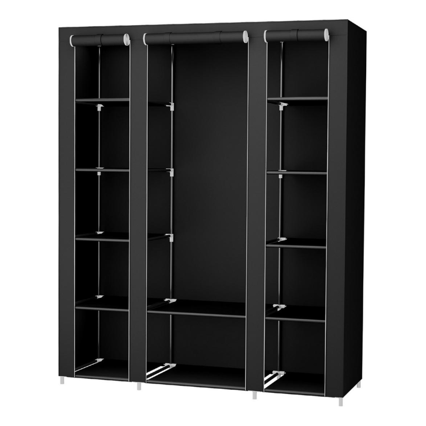 Textil-Garderobenschrank MATIS 150x175 cm, schwarz – mit Regalen und Kleiderstange