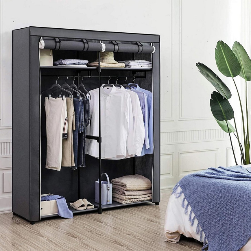 Textil-Kleiderschrank MATIS mit Einlegeböden und Kleiderstange 140x174 cm grau