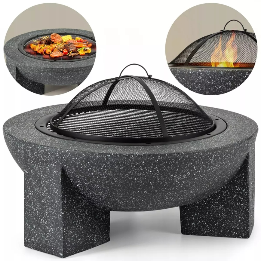 Tragbares Feuerbecken mit Grillrost, 79,5 × 38 cm, Schwarz/Dunkelgranit