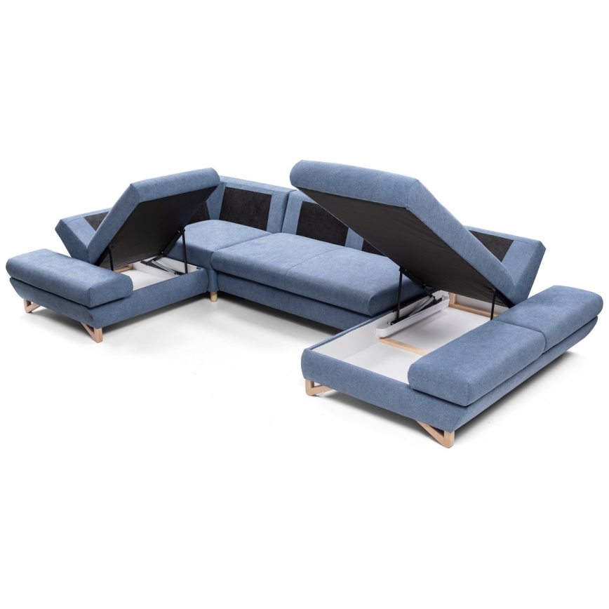 U-förmiges, klappbares Eck-Polstersofa mit Stauraum AVESTA links blau