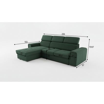 Universelles, beidseitig montierbares, ausklappbares Ecksofa in L‑Form mit Stauraum SALVADA grün