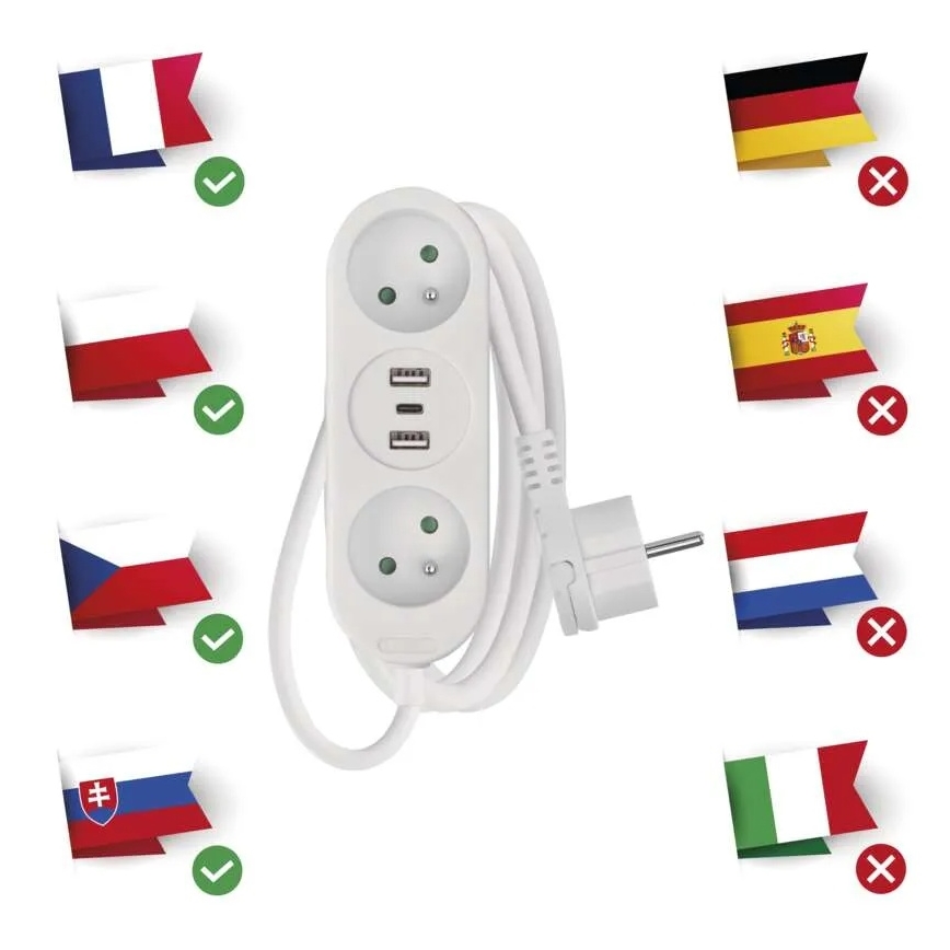 Verlängerungskabel 2-fach + 2x USB-A + USB-C 1,4 m