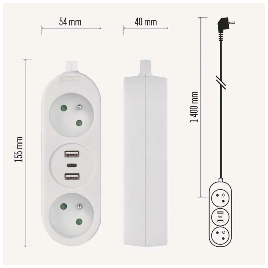 Verlängerungskabel 2-fach + 2x USB-A + USB-C 1,4 m