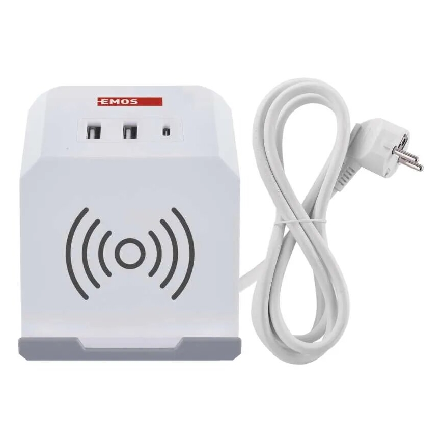 Verlängerungskabel mit Steckdosenleiste und kabellosem QI-Ladegerät 2x USB-A + 1x USB-C, 2 m, weiß