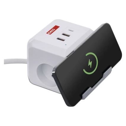 Verlängerungskabel mit Steckdosenleiste und kabellosem QI-Ladegerät 2x USB-A + 1x USB-C, 2 m, weiß