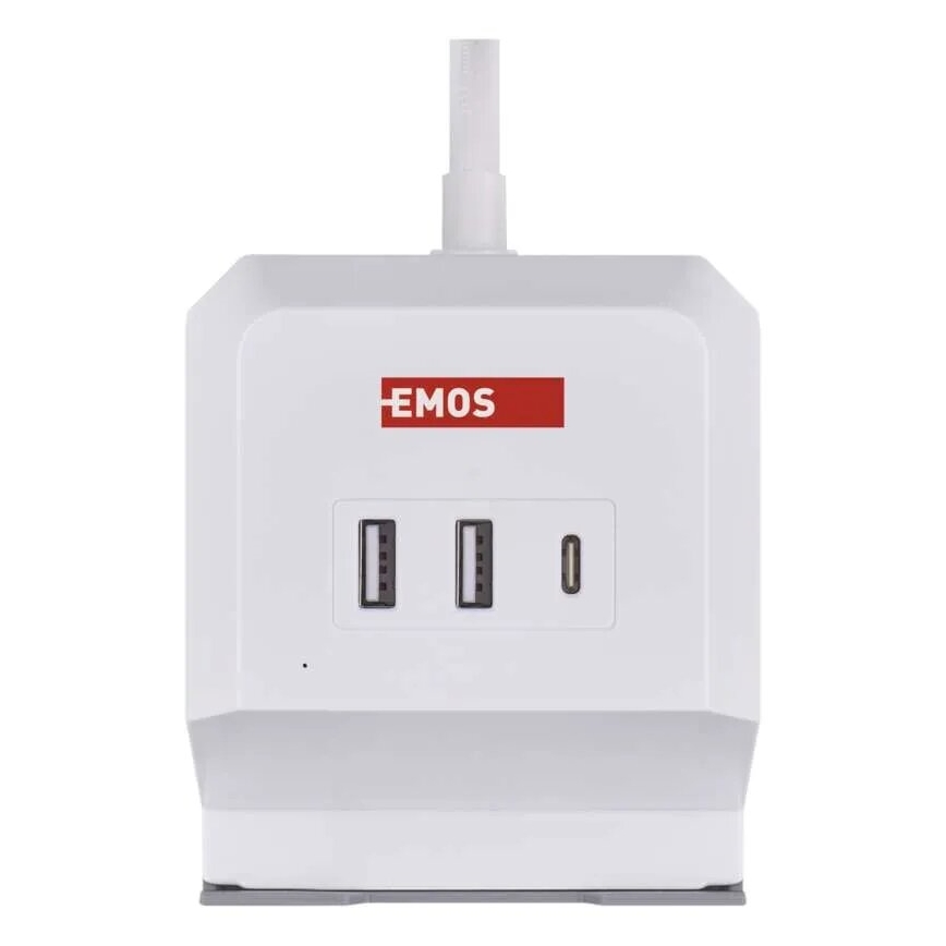 Verlängerungskabel mit Steckdosenleiste und kabellosem QI-Ladegerät 2x USB-A + 1x USB-C, 2 m, weiß