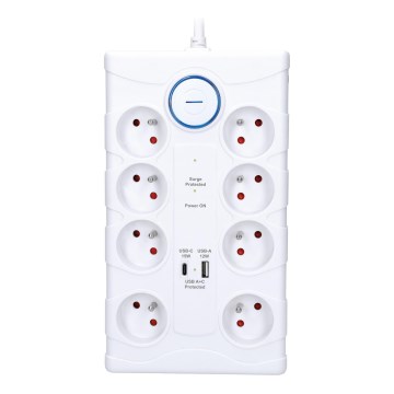 Verlängerungskabel mit Schalter 8Z Typ E + 1xUSB-A + 1xUSB-C 2m weiß