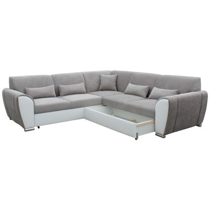 VISEU Ecksofa mit Schlaffunktion und Stauraum, L-Form, rechts, grau/weiß