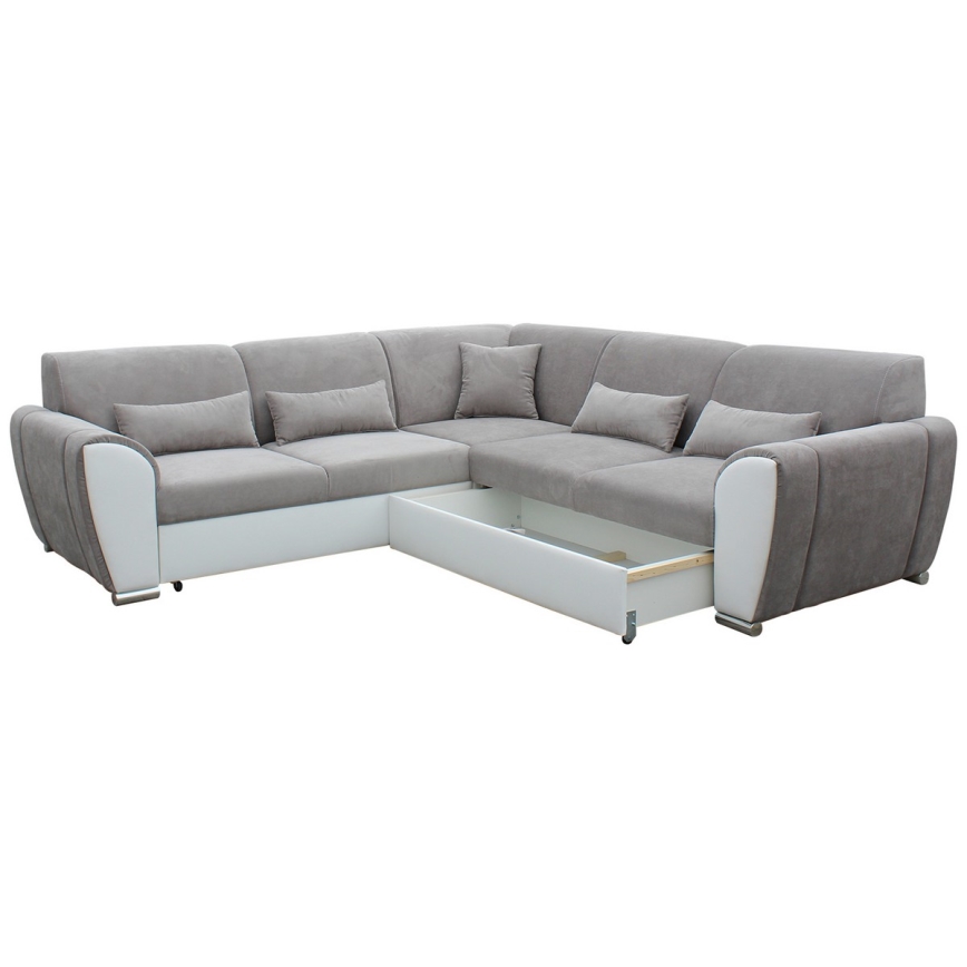 VISEU Ecksofa mit Schlaffunktion und Stauraum, L-Form, rechts, grau/weiß