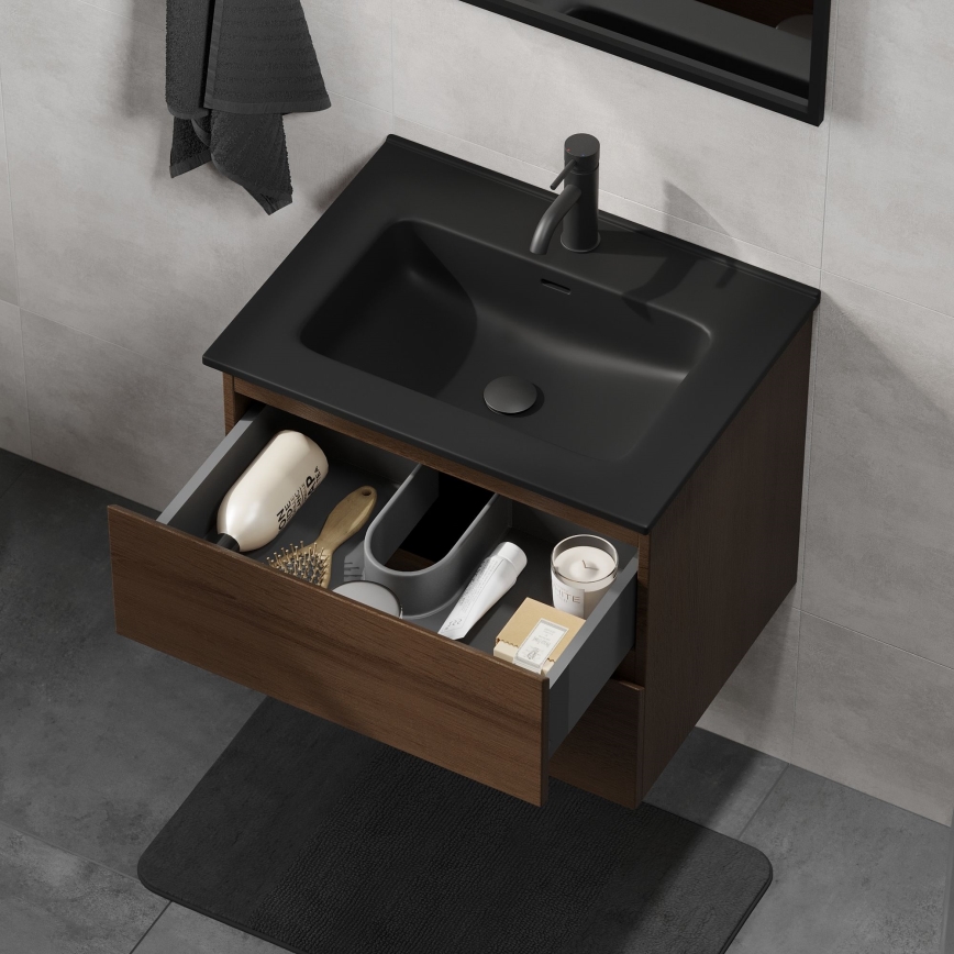 Waschtischunterschrank mit Waschbecken CONOR 61 cm Nussbaum/Schwarz