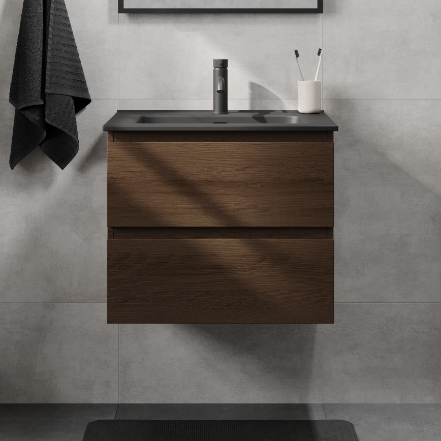 Waschtischunterschrank mit Waschbecken CONOR 61 cm Nussbaum/Schwarz