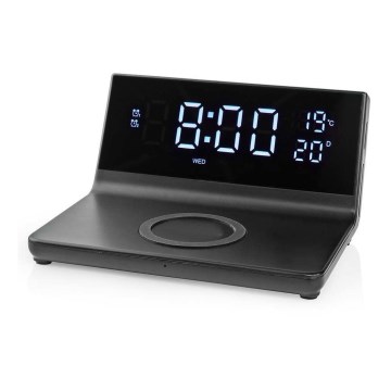 Wecker mit LCD-Anzeige und kabelloser Ladevorrichtung 15W/5V + 1xCR2032 schwarz