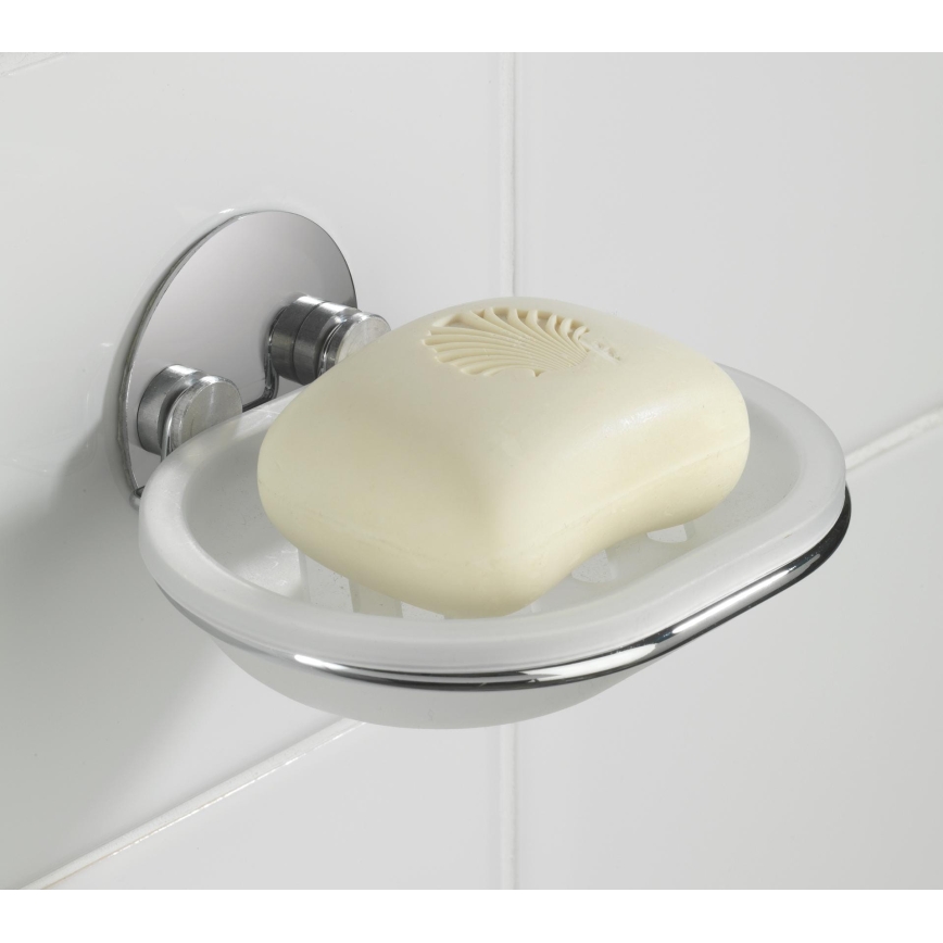 WENKO 18776100 - Seifenschale TURBO-LOC rund, Stahl, 13 x 11 cm, glänzender Chrom/weiß