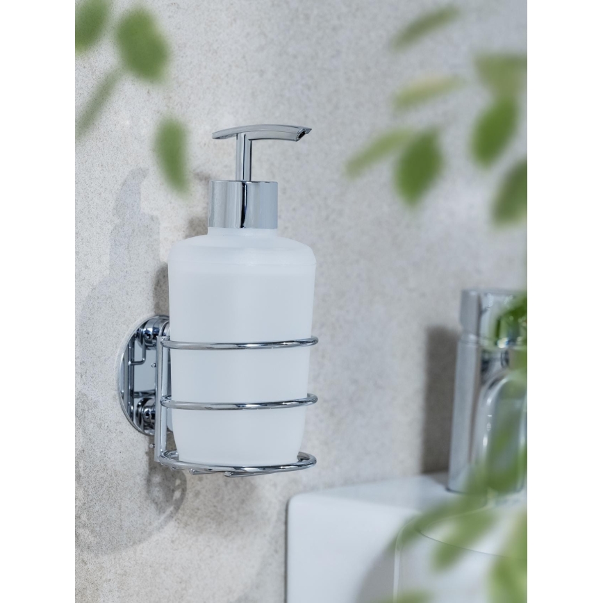WENKO 18777100-Seifenspender TURBO-LOC rund aus Stahl 7,5x16,5 cm Glanzchrom/Weiß