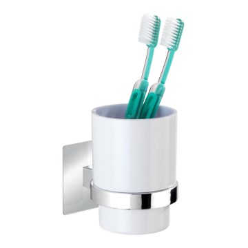 WENKO 23847800-Zahnbürstenbecher TURBO-LOC QUADRO ED. 7x9,5 cm Glanzchrom/Weiß