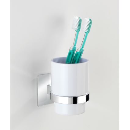WENKO 23847800-Zahnbürstenbecher TURBO-LOC QUADRO ED. 7x9,5 cm Glanzchrom/Weiß