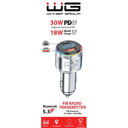 Winner Group - Auto-Ladegerät mit FM-Transmitter und Freisprecheinrichtung, 20 W, silber