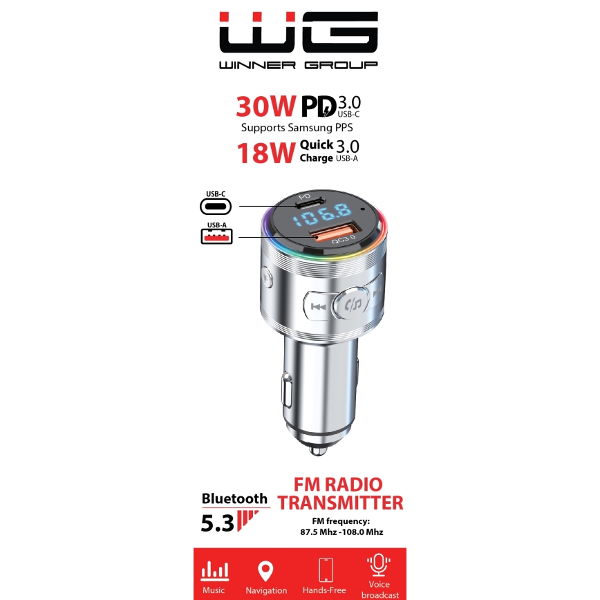 Winner Group - Auto-Ladegerät mit FM-Transmitter und Freisprecheinrichtung, 20 W, silber