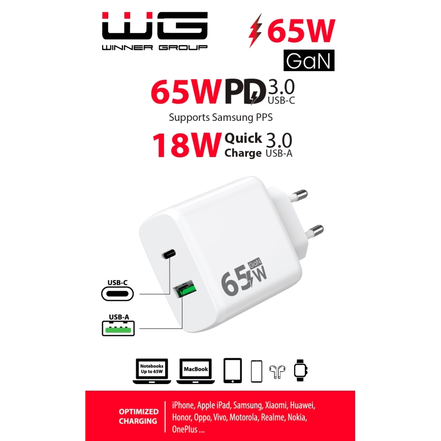 Winner Group - Schnellladeadapter 1xUSB-C + 1xUSB-A Power Delivery 65W weiß